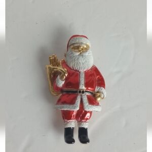 Vintage Christmas Santa Gold Tone Enamel Signed AJC Brooch Pin
